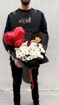 Gül Papatya Buket Ayıcık ve Kalp Balon Hediye