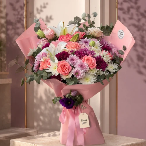 Pembe Bahar Lilyum ve Gül Buketi